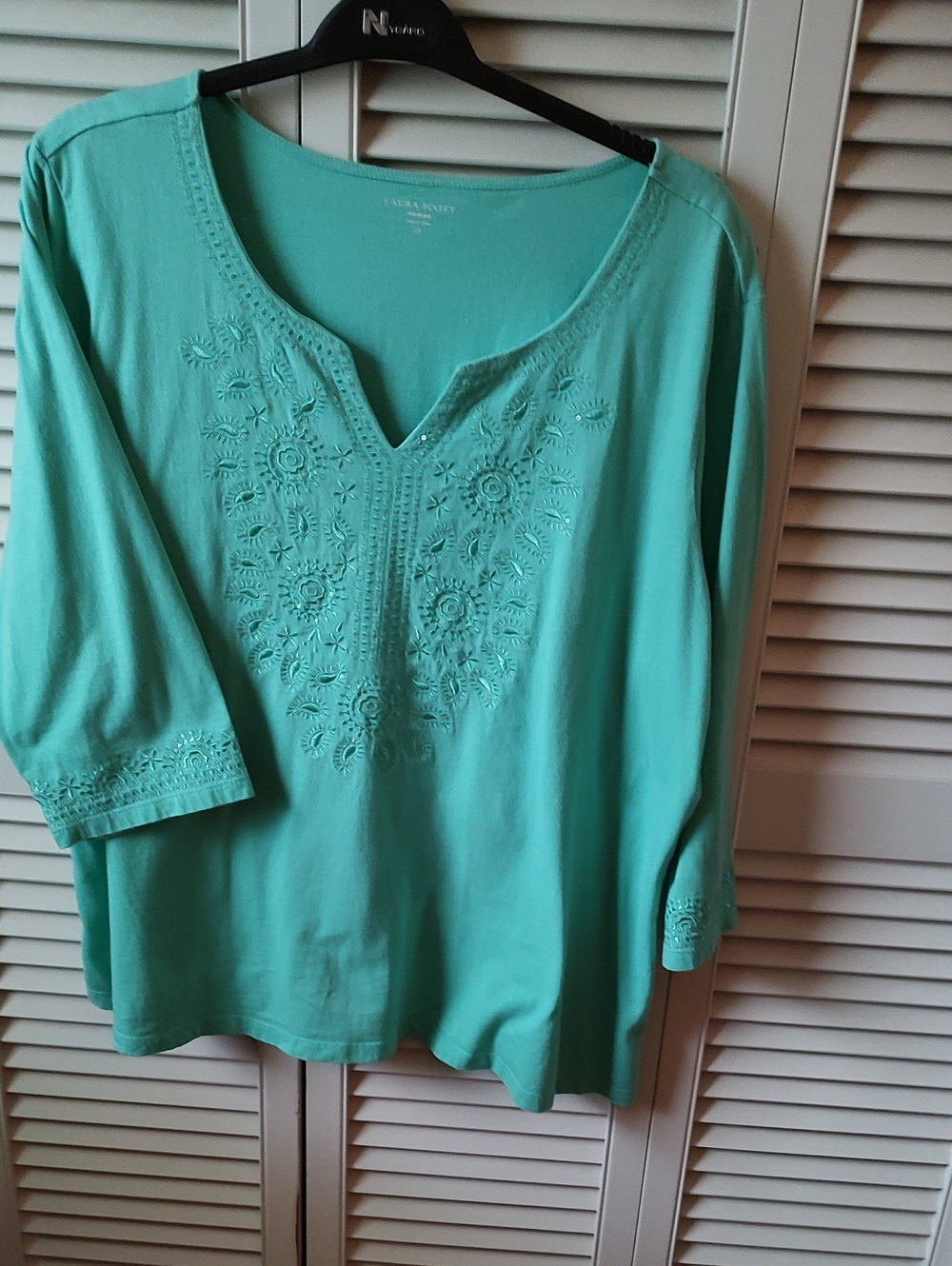 Laura Scott Turquoise Embroidered V-Neck Tunic Top